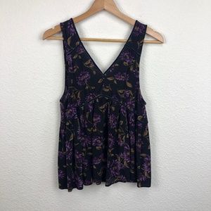 American Eagle Black & Purple Floral V Neck Top